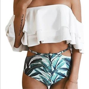High Waisted Off the Shoulder Palm Print Bikini